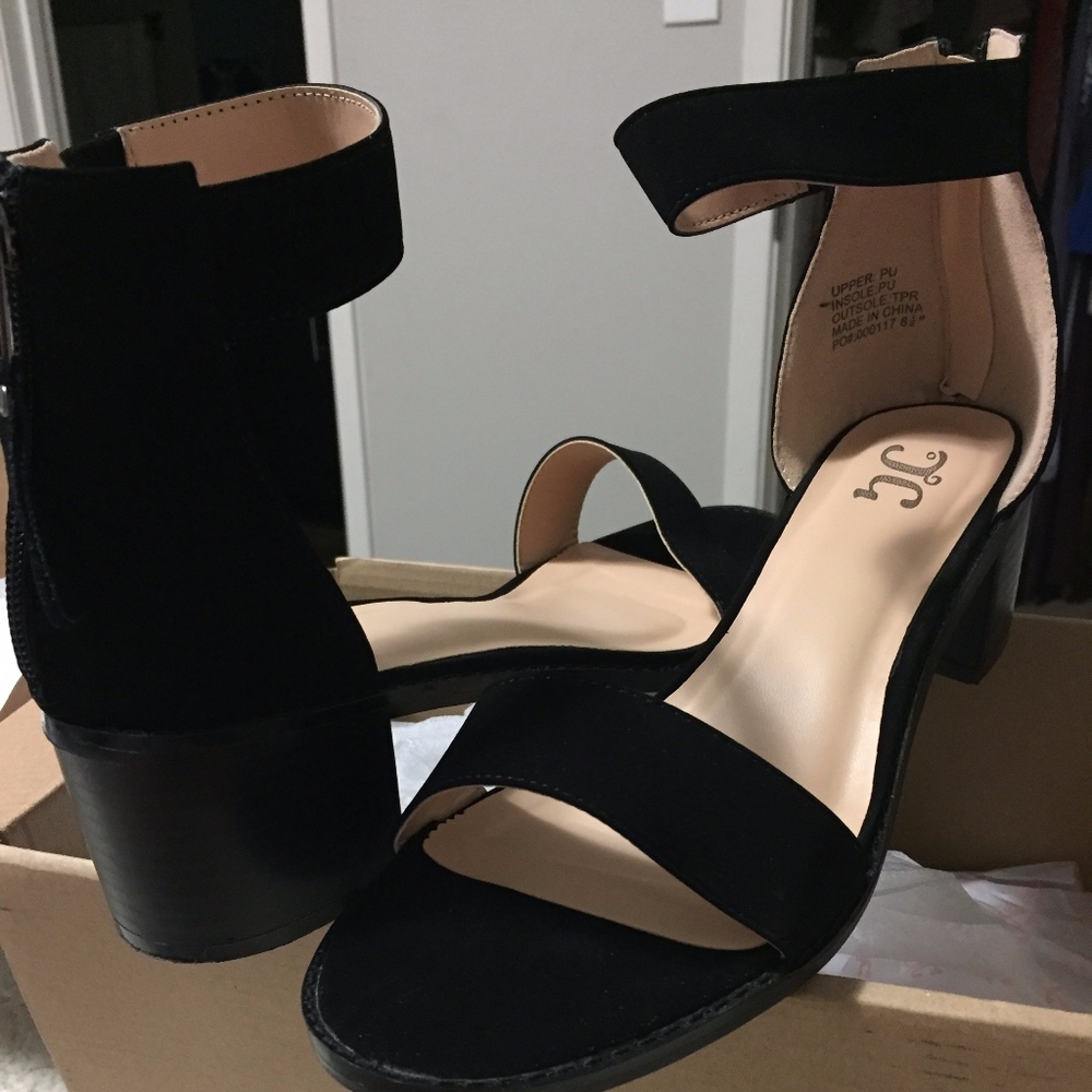 black ankle strap block heels
